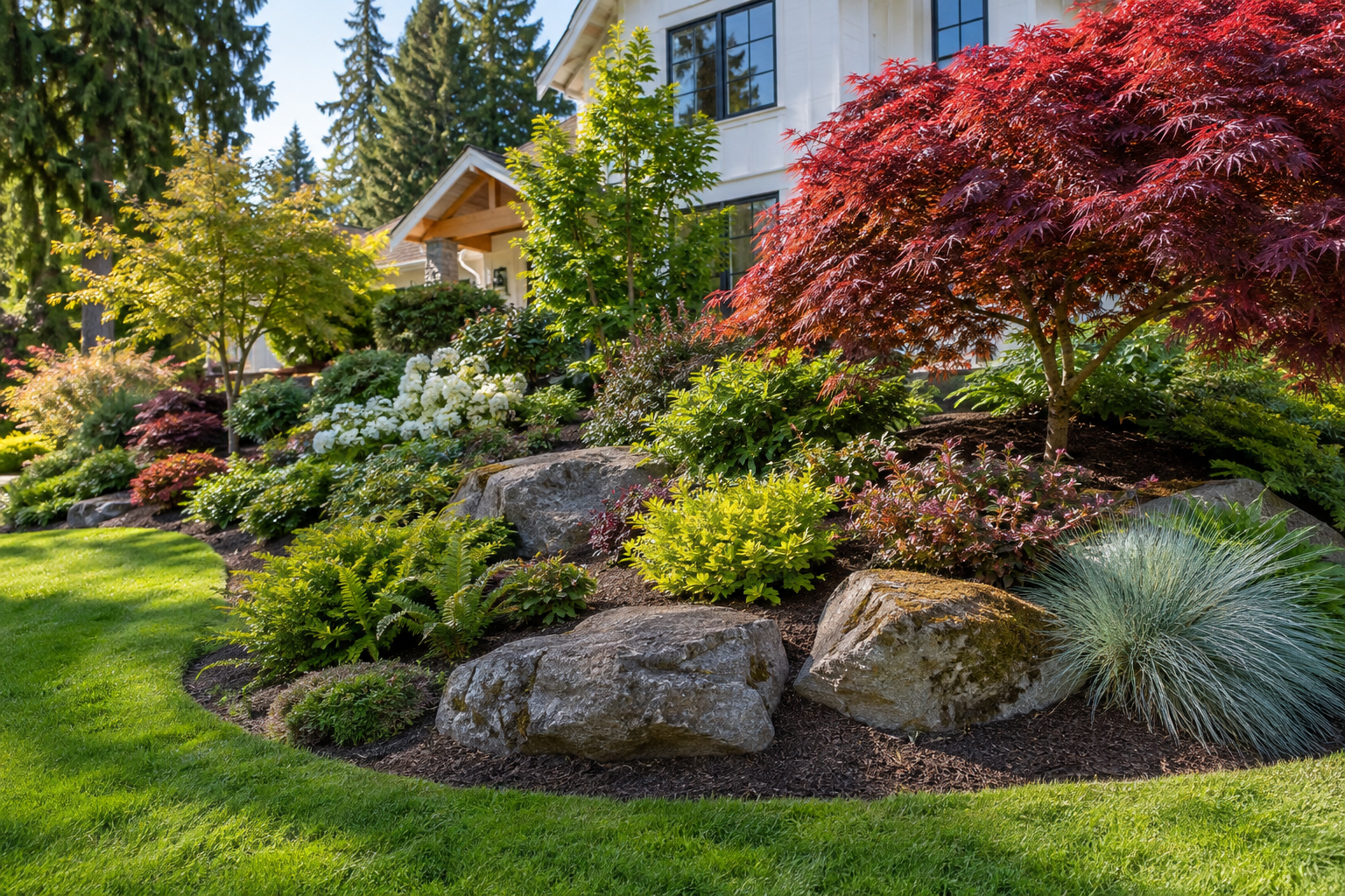 Layered front garden with boulders, curved planting beds and a red maple