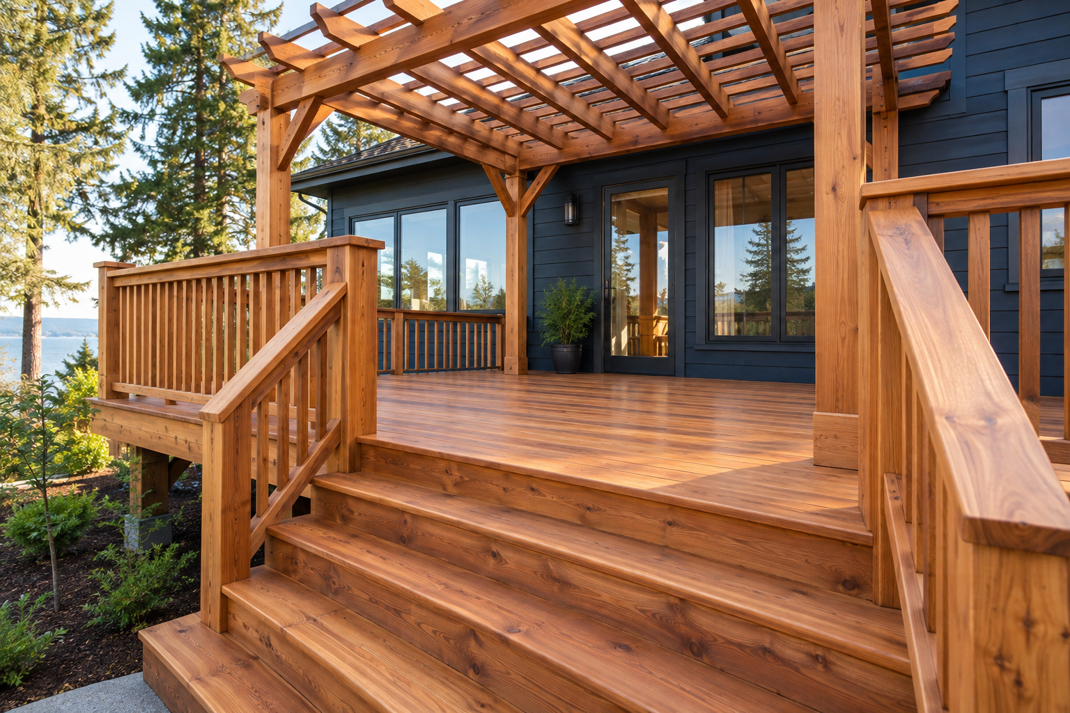 Cedar deck with timber stairs, railing and pergola