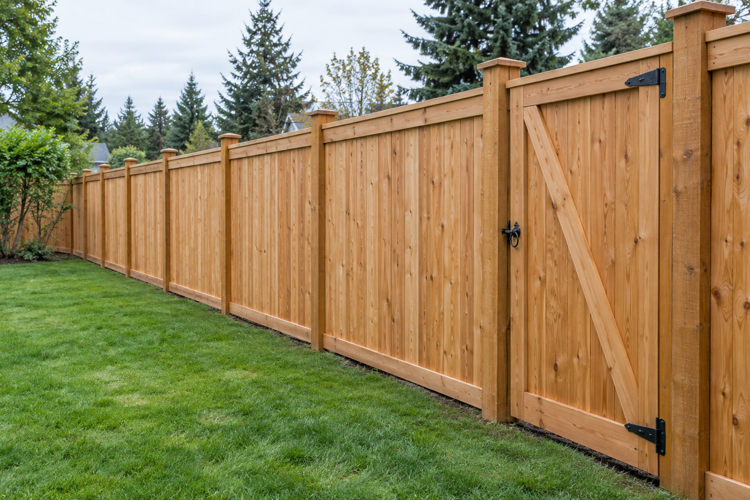 Cedar privacy fence with posts and a matching garden gate