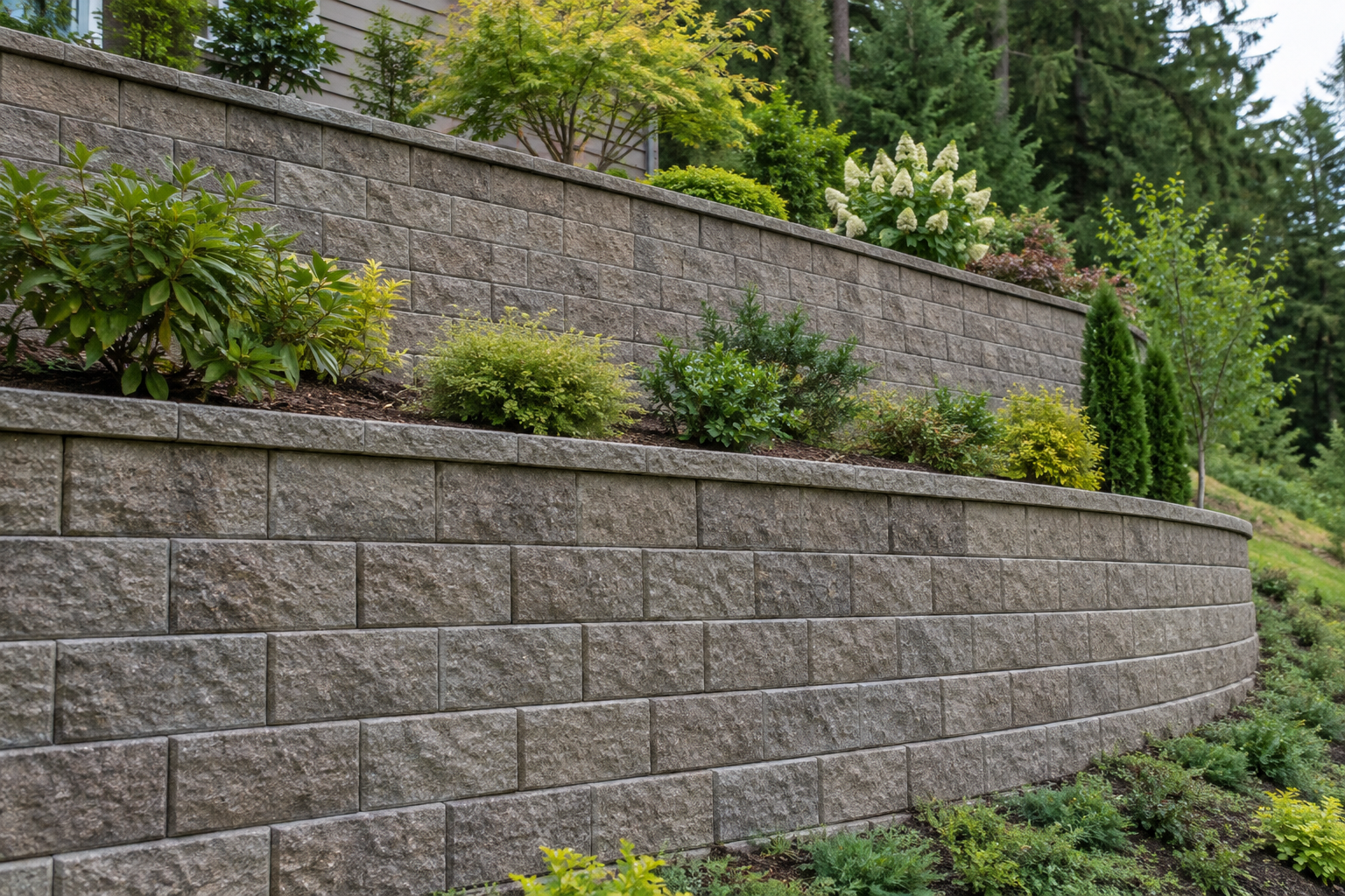 Terraced concrete-block retaining walls supporting a sloped yard