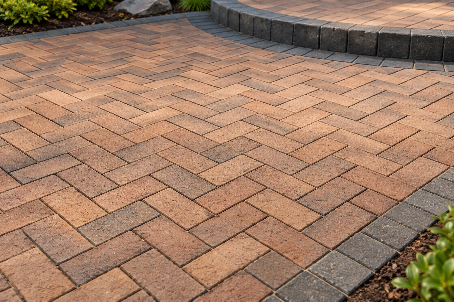 Herringbone interlocking pavers with a contrasting border