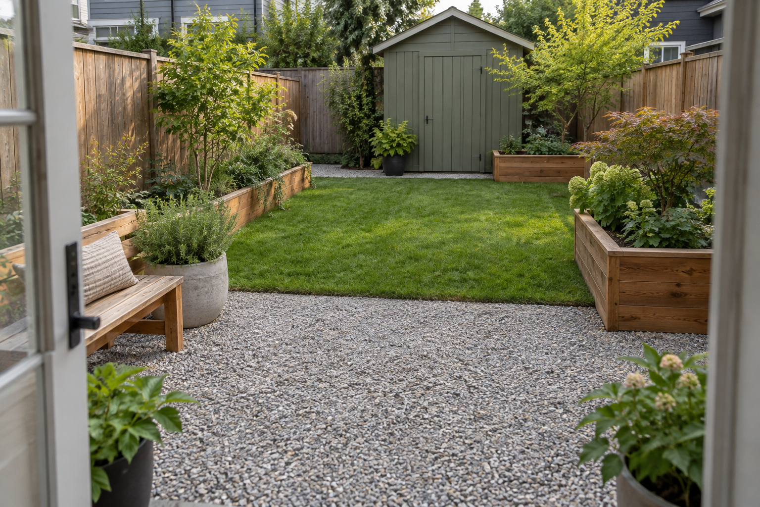 Compact renewed yard with gravel seating, lawn, planters and a shed